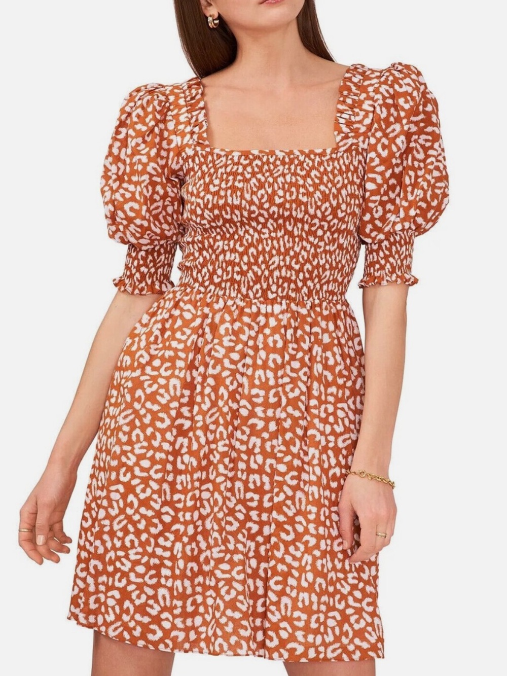 Printed Puff-Sleeve Square-Neck Dress